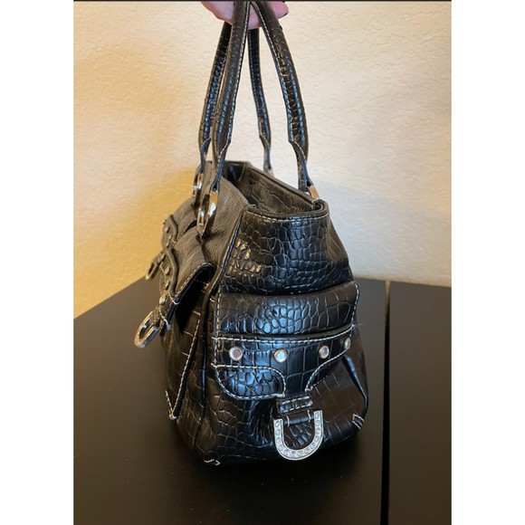 Valerie Stevens Bling Rhinestone Faux Croc Embossed Black Satchel Bag - Picture 3 of 13